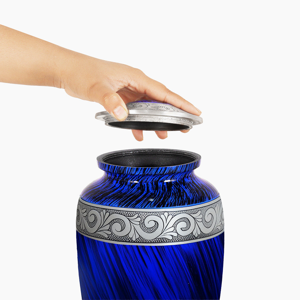 Eternal Blue & Silver Hand-Engraved Urn