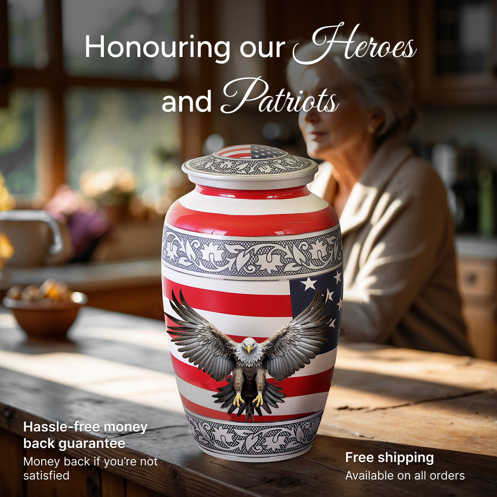 American Flag & Silver Engraved Urn