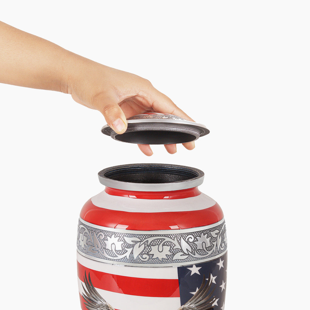 American Flag & Silver Engraved Urn