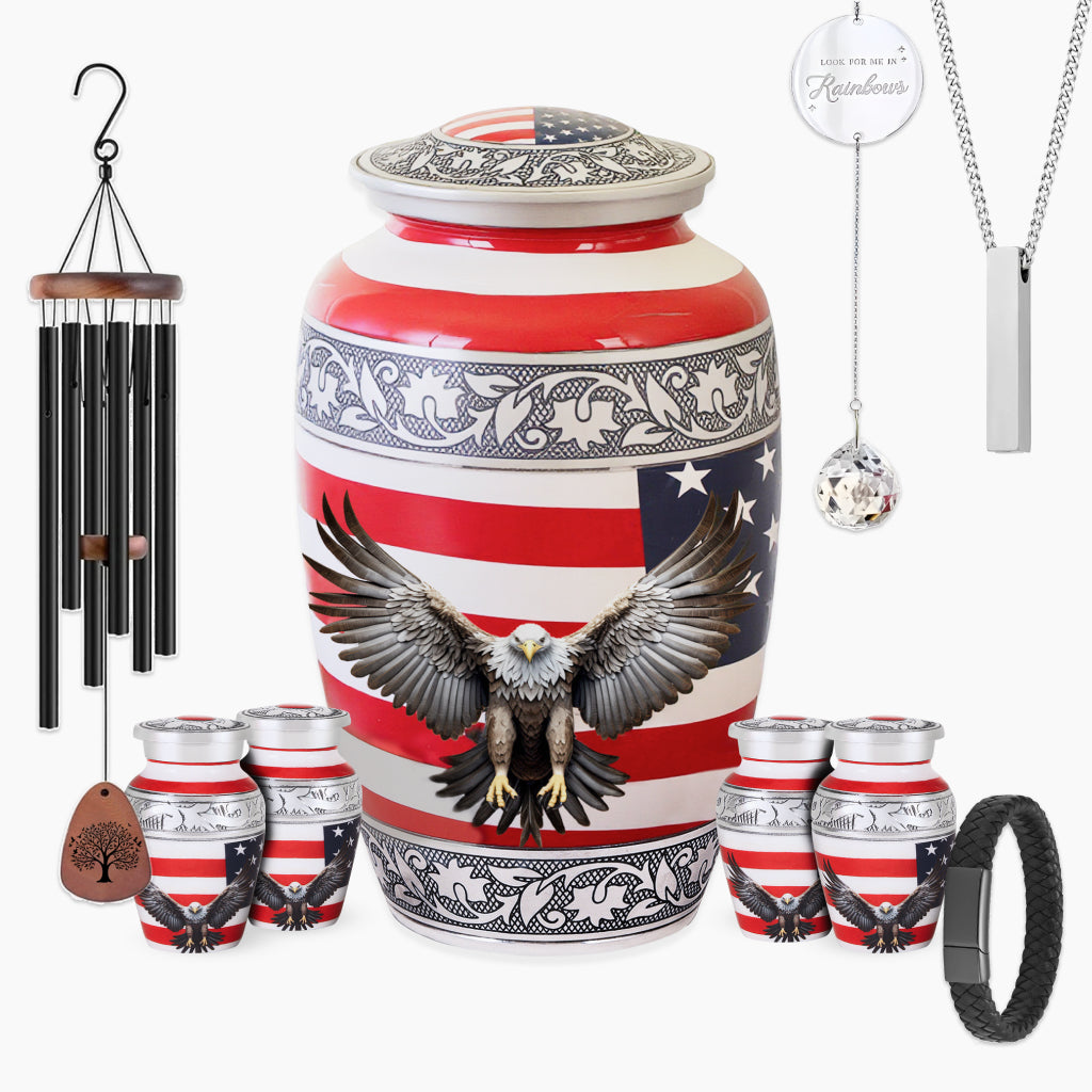 American Flag & Silver Engraved Urn