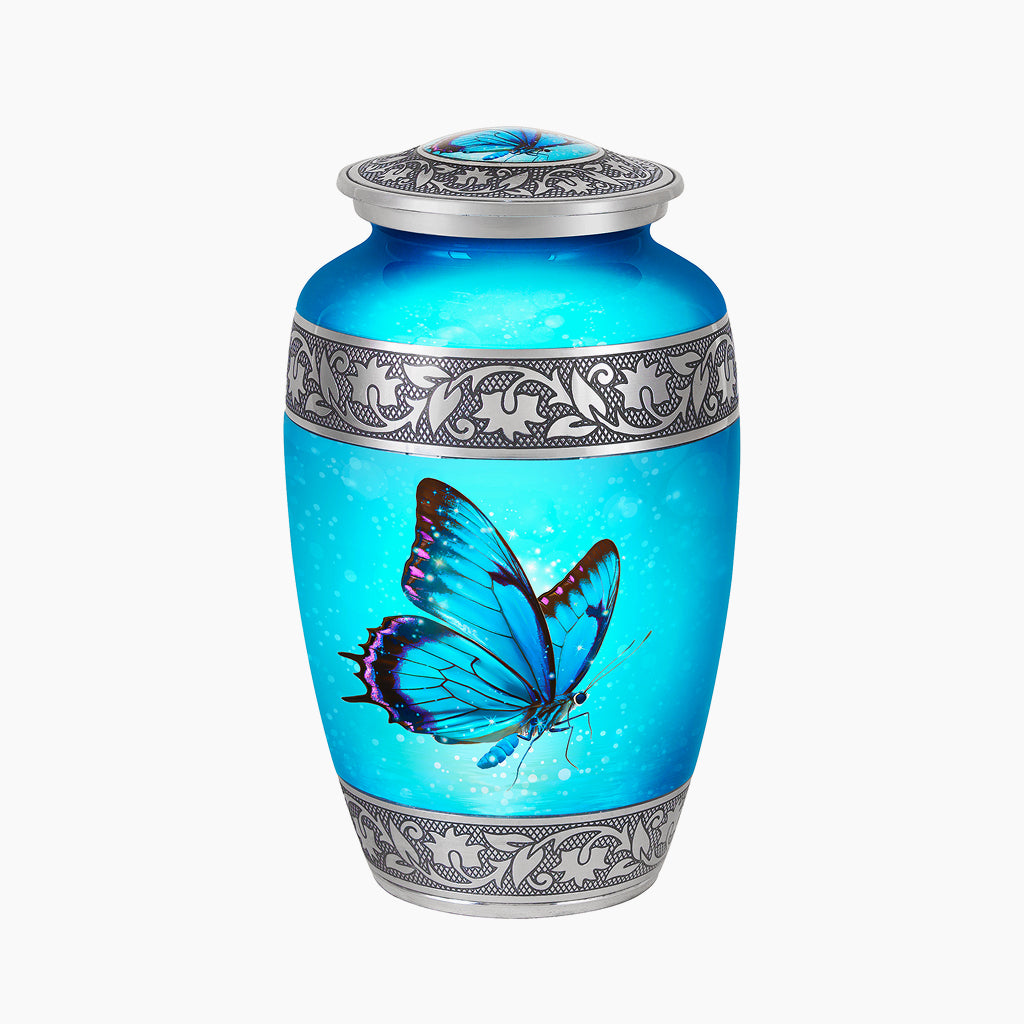 Blue Butterfly & Silver Engraved Urn