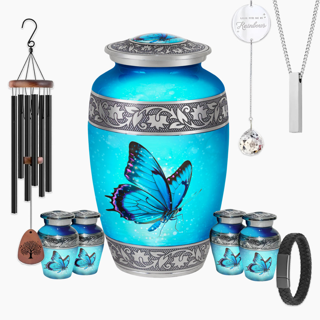 Blue Butterfly & Silver Engraved Urn