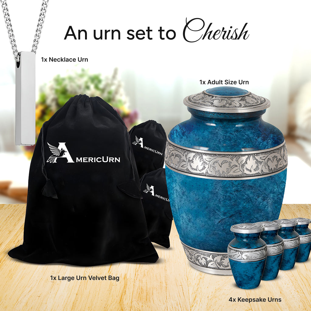 Blue Teal Marble & Silver Hand-Engraved Urn