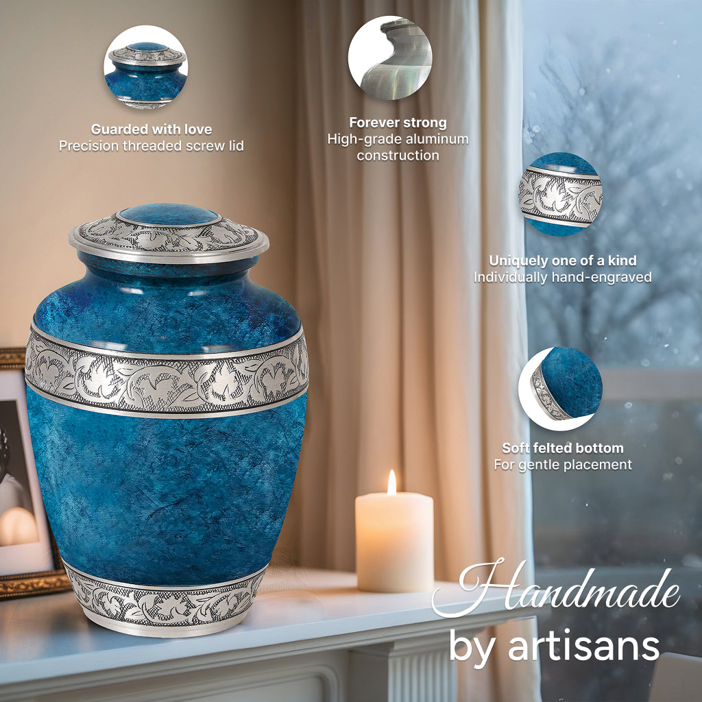 Blue Teal Marble & Silver Hand-Engraved Urn