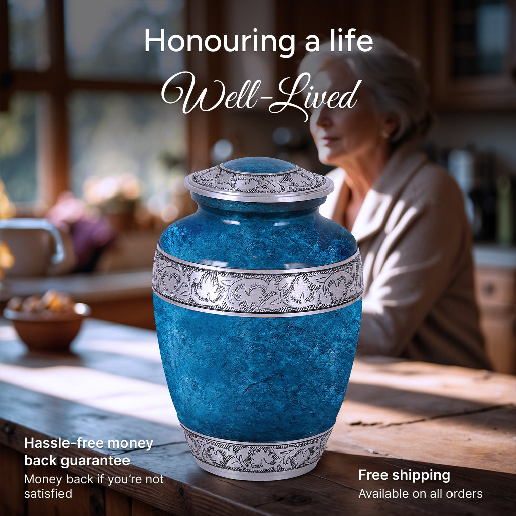 Blue Teal Marble & Silver Hand-Engraved Urn