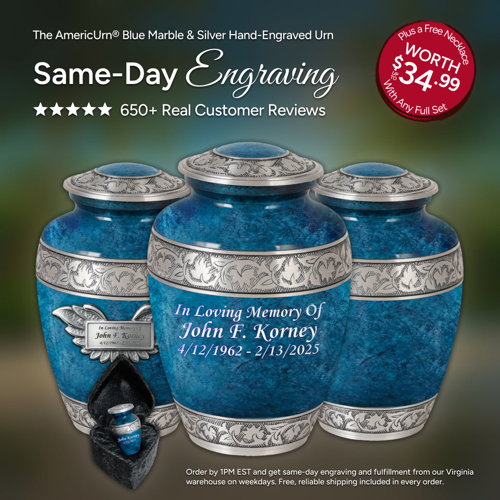 Blue Teal Marble & Silver Hand-Engraved Urn