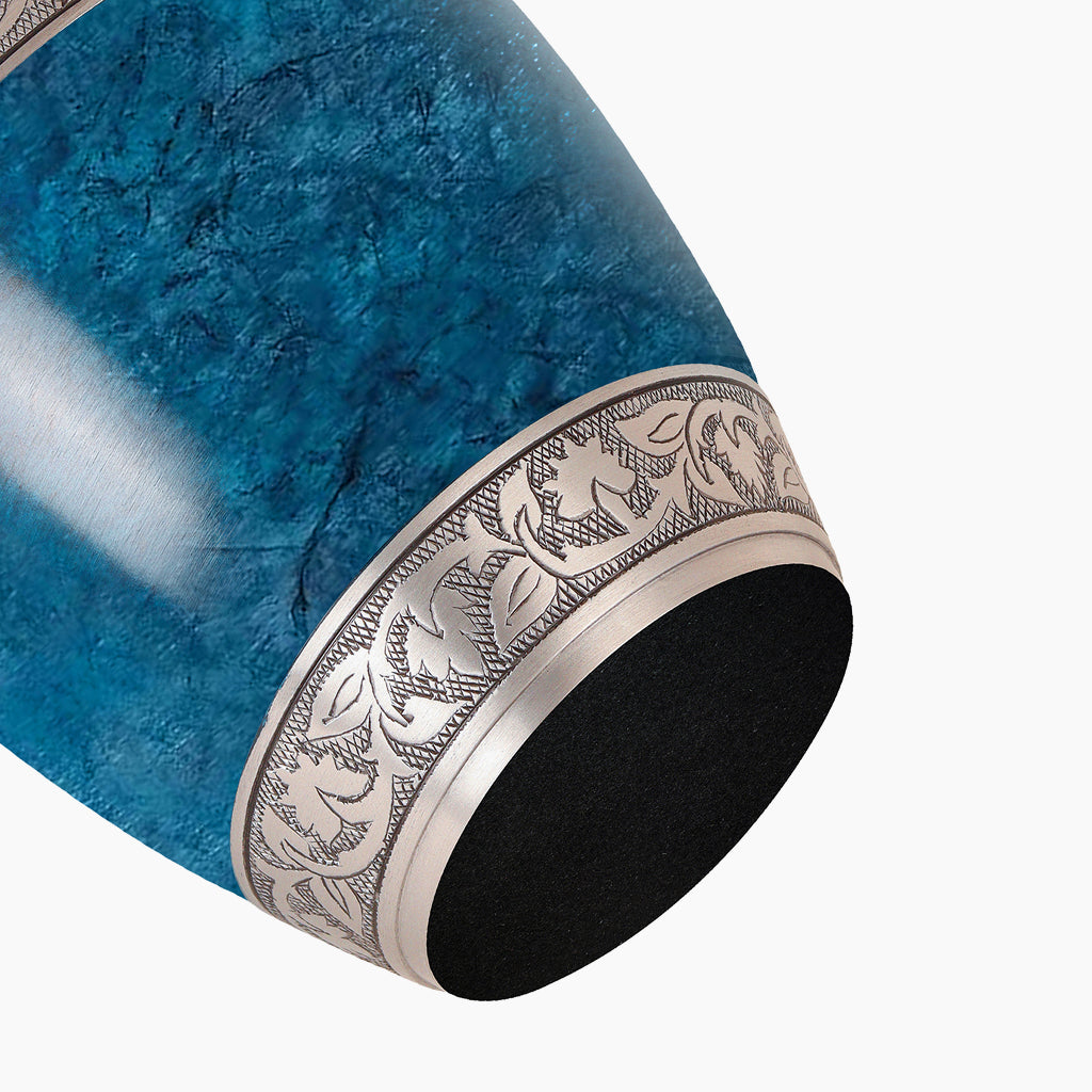 Blue Teal Marble & Silver Hand-Engraved Urn