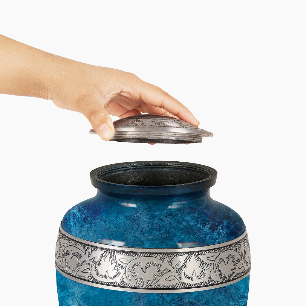 Blue Teal Marble & Silver Hand-Engraved Urn