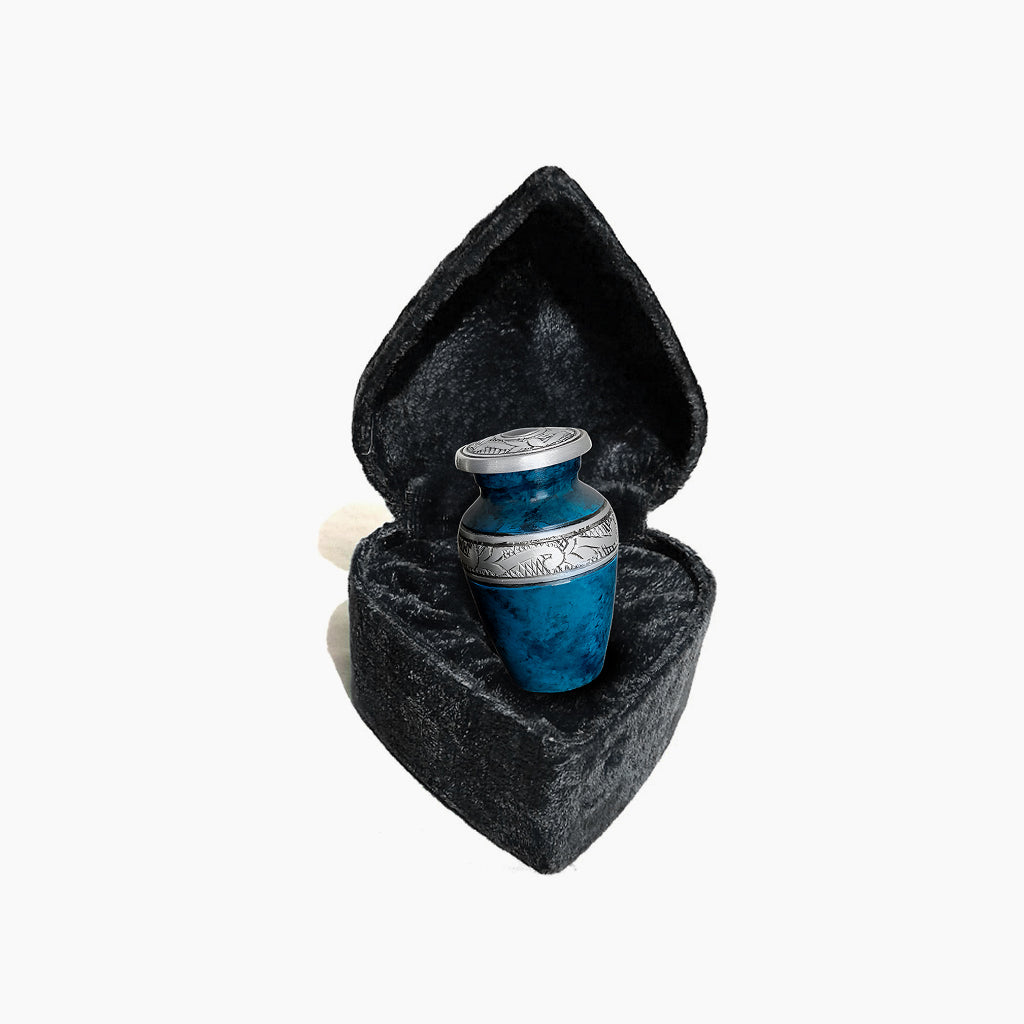 Blue Teal Marble & Silver Hand-Engraved Urn
