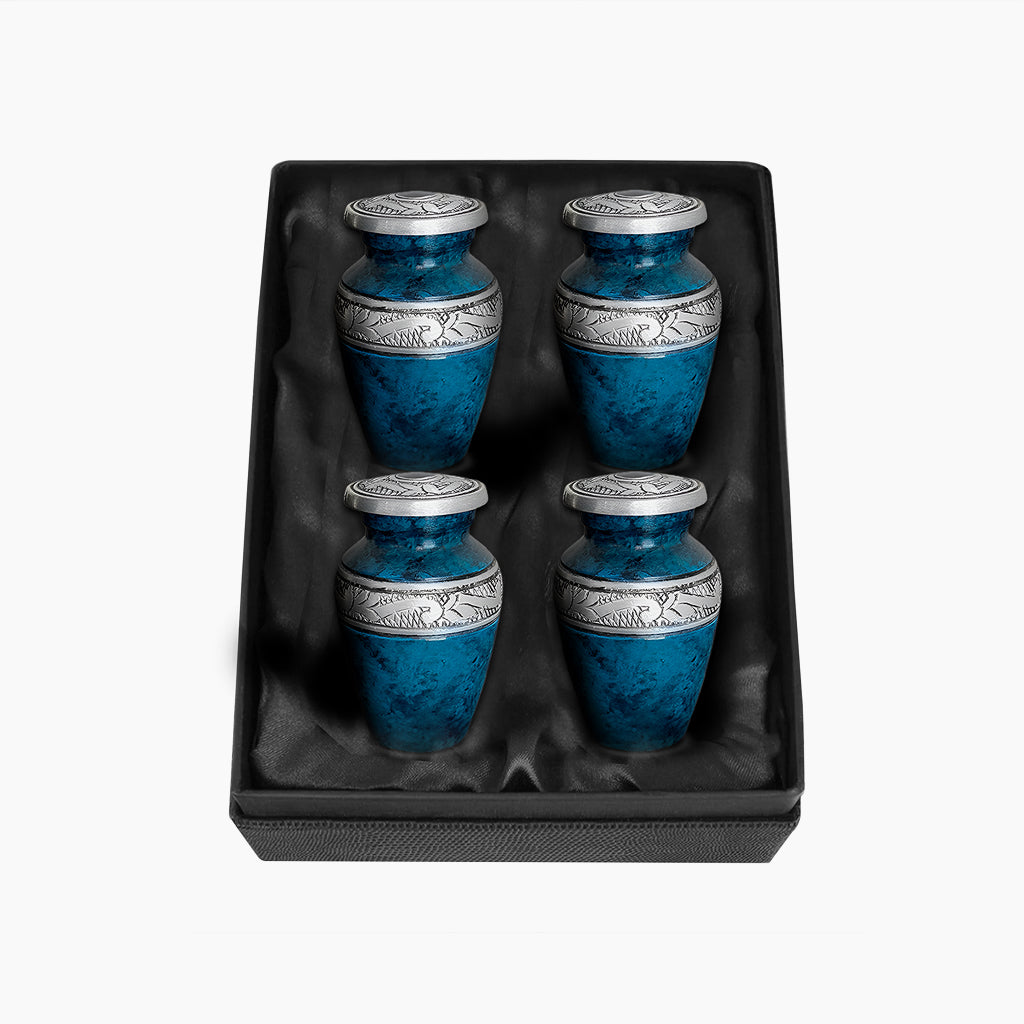 Blue Teal Marble & Silver Hand-Engraved Urn