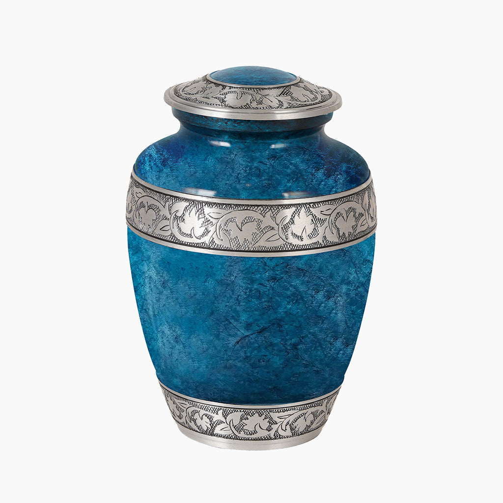 Blue Teal Marble & Silver Hand-Engraved Urn
