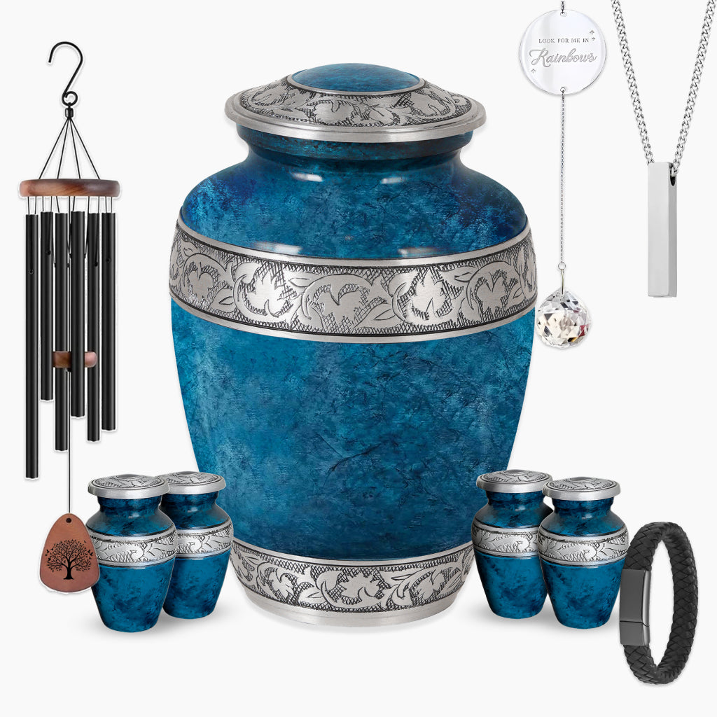 Blue Teal Marble & Silver Hand-Engraved Urn