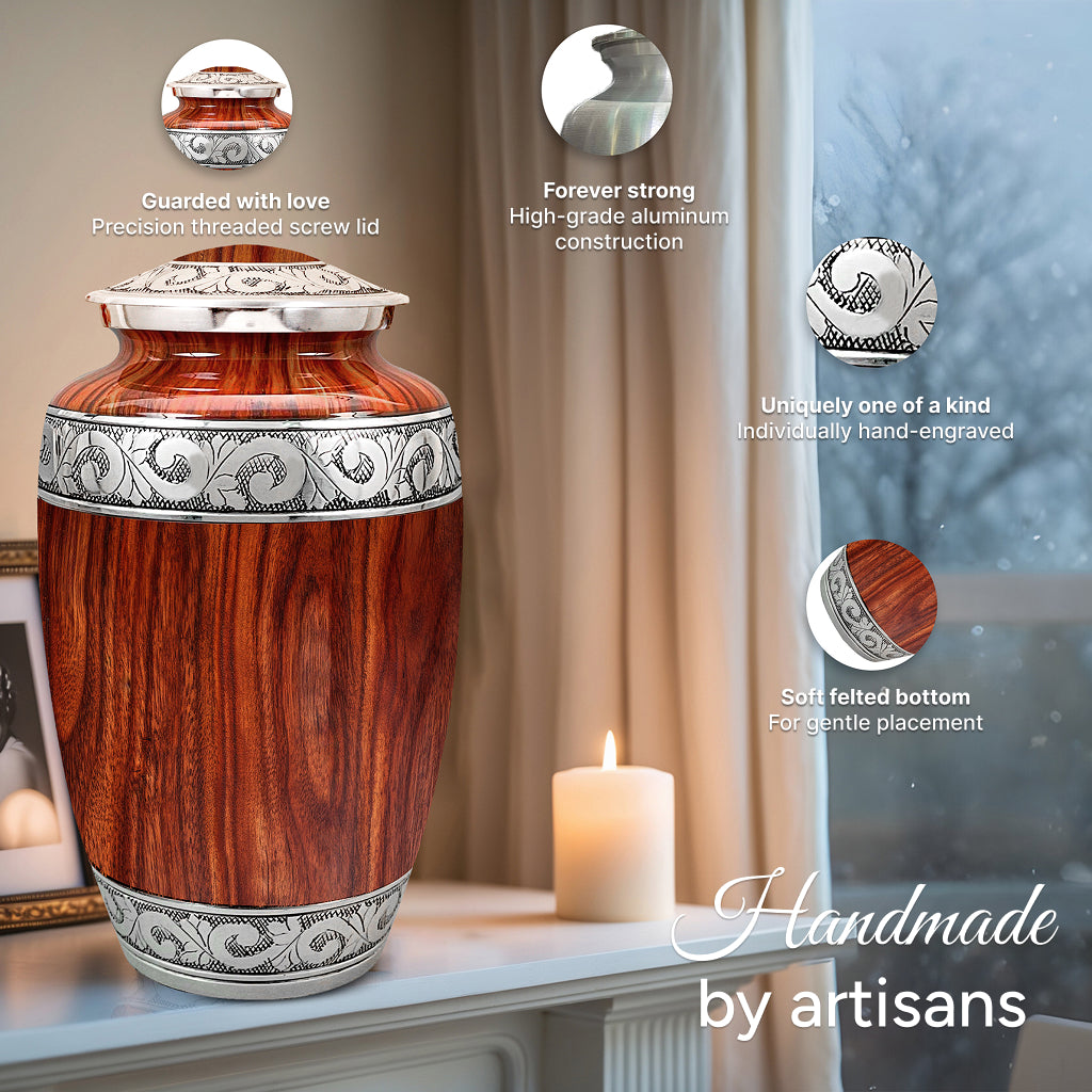 Printed Wood & Silver Hand-Engraved Urn
