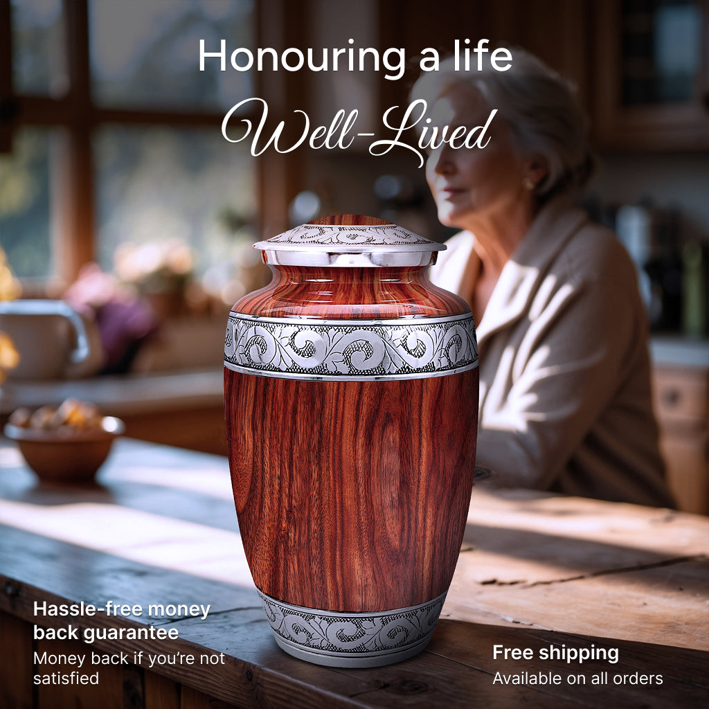 Printed Wood & Silver Hand-Engraved Urn