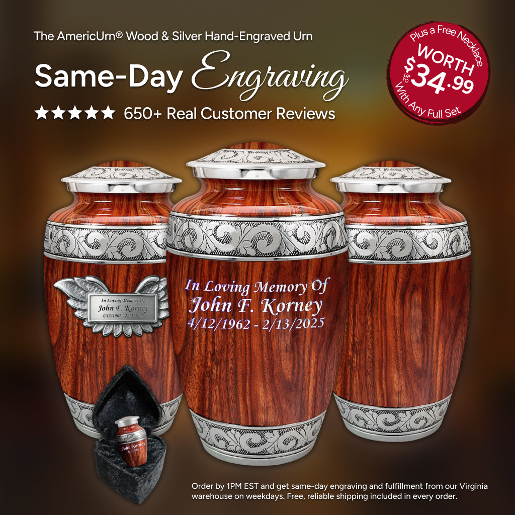 Printed Wood & Silver Hand-Engraved Urn