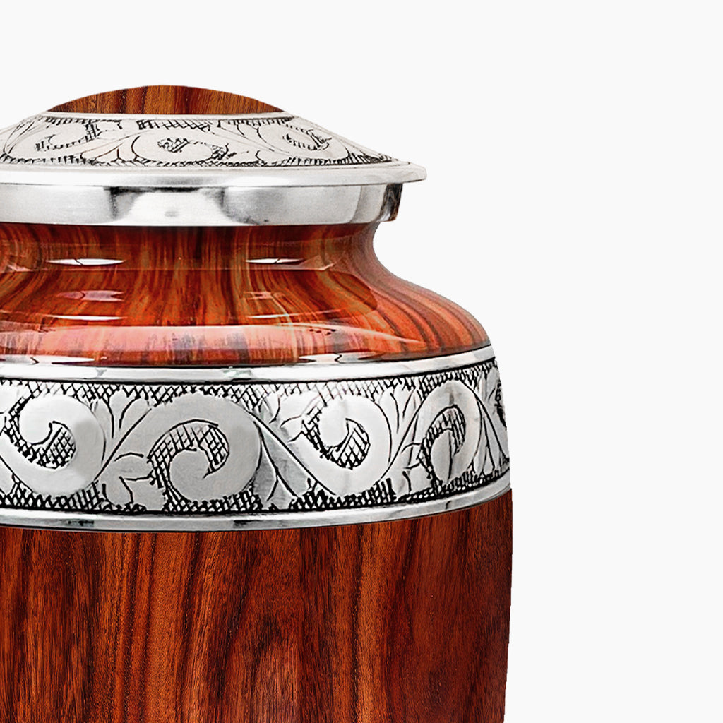 Printed Wood & Silver Hand-Engraved Urn