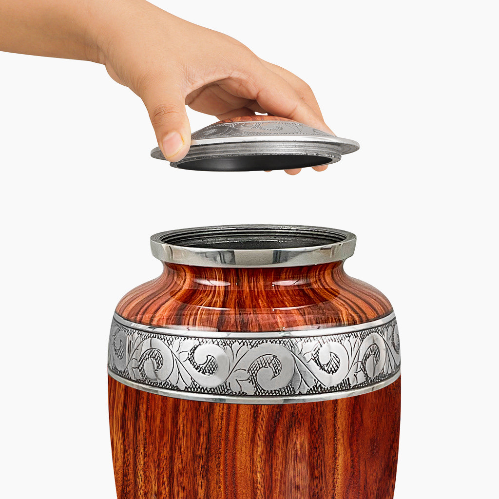 Printed Wood & Silver Hand-Engraved Urn