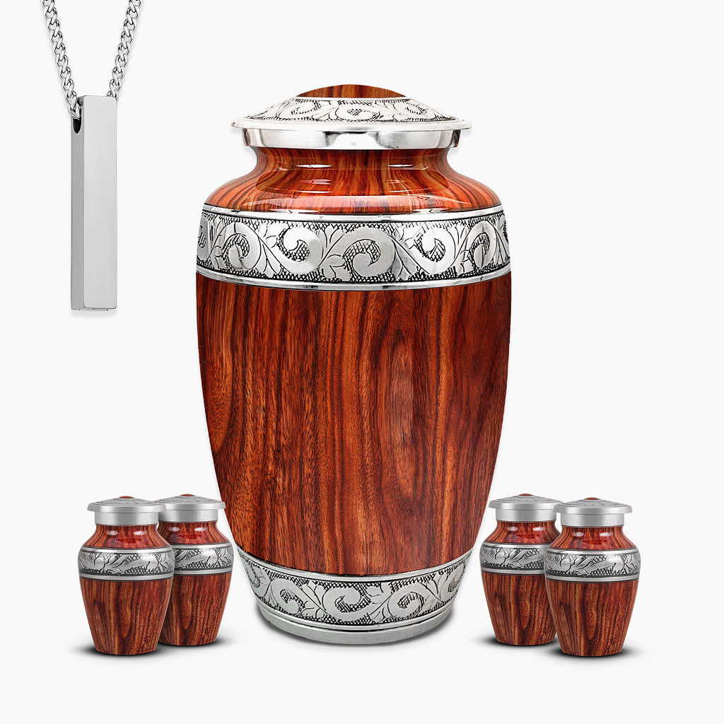Printed Wood & Silver Hand-Engraved Urn