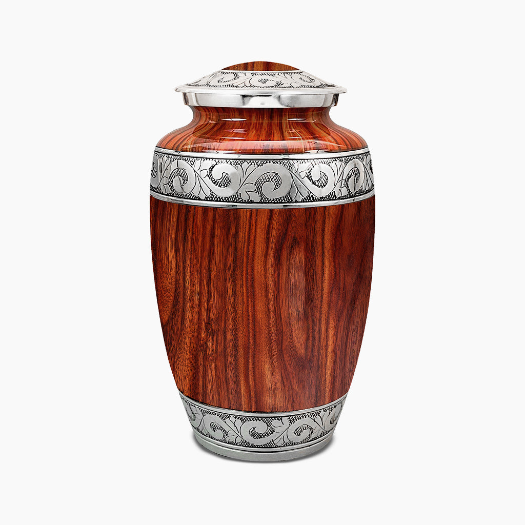 Printed Wood & Silver Hand-Engraved Urn