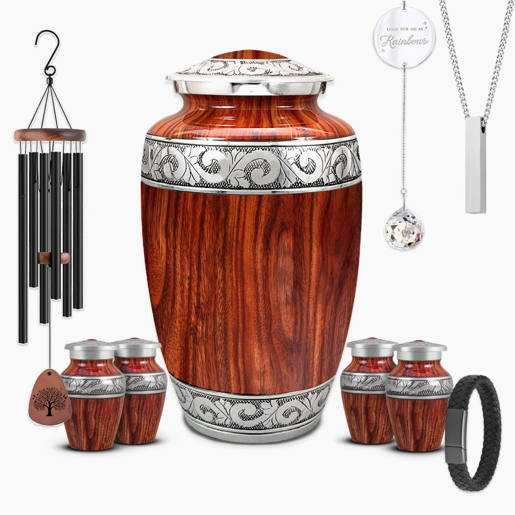 Printed Wood & Silver Hand-Engraved Urn