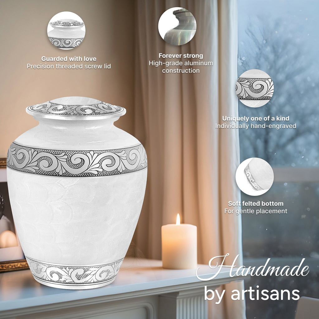 White Patch & Silver Hand-Engraved Urn