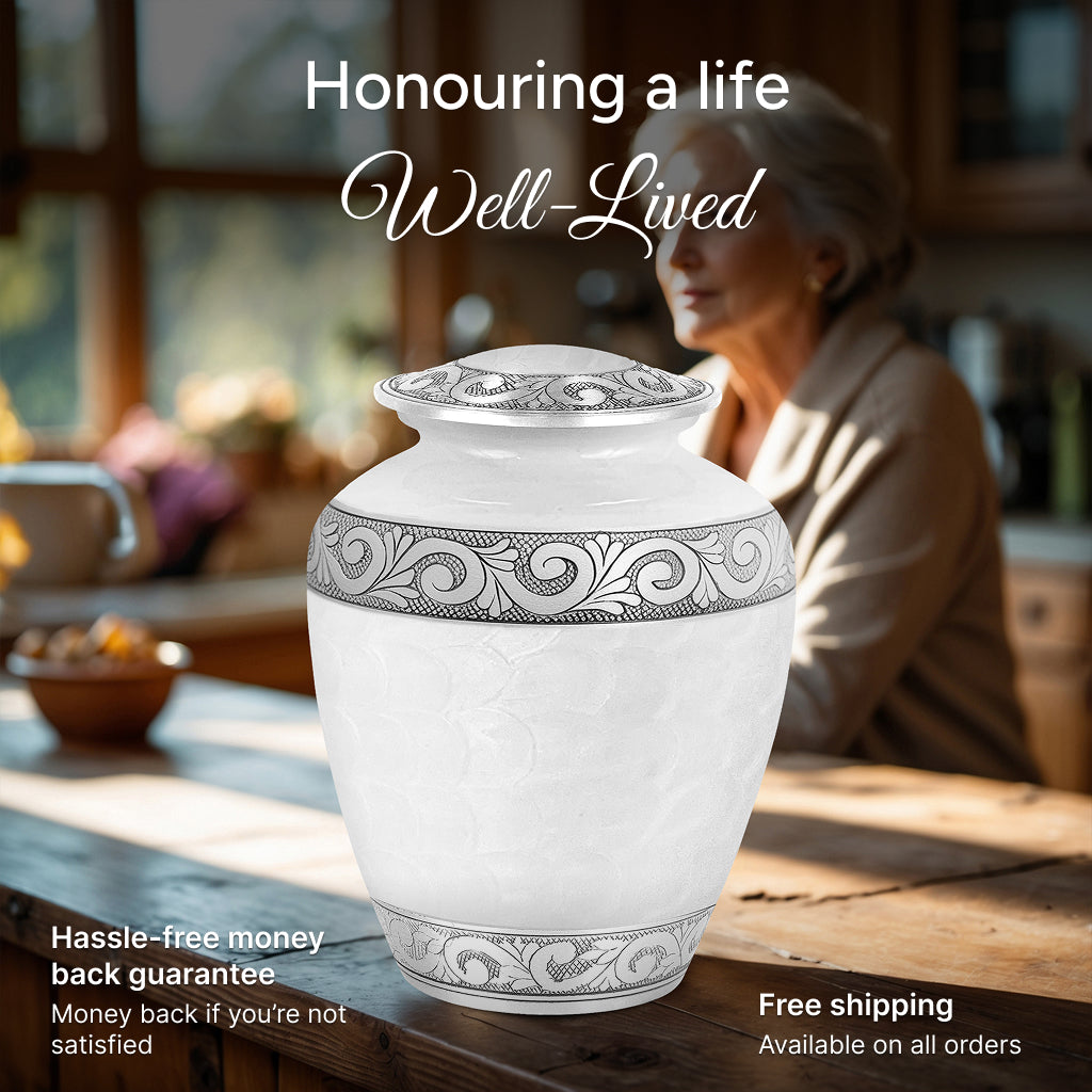 White Patch & Silver Hand-Engraved Urn