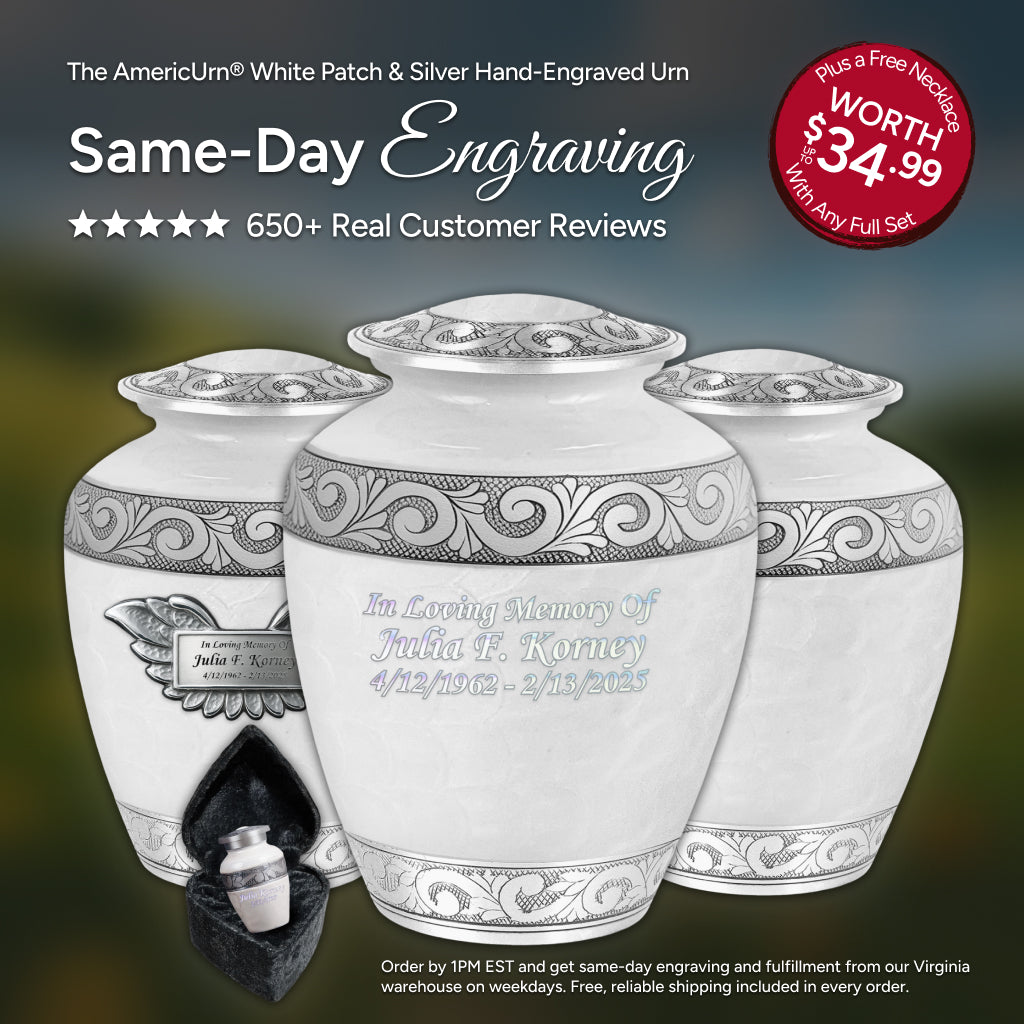 White Patch & Silver Hand-Engraved Urn