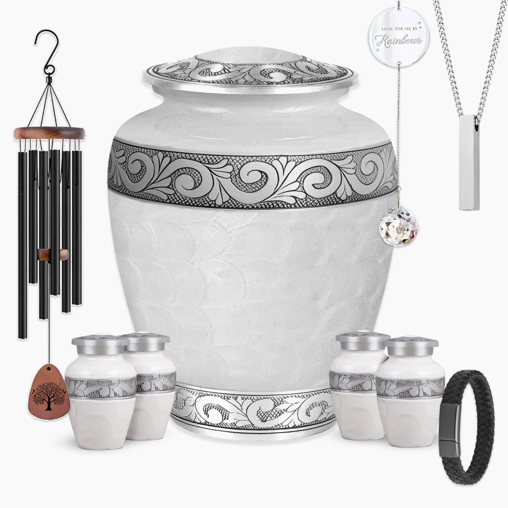 White Patch & Silver Hand-Engraved Urn