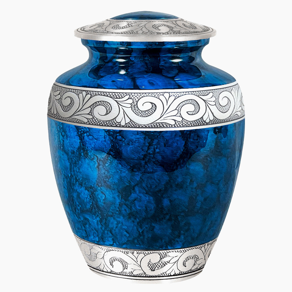 Blue Patch & Silver Engraved Urn