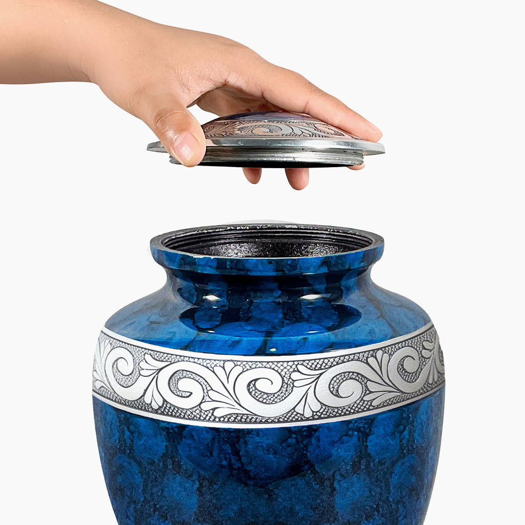 Blue Patch & Silver Engraved Urn