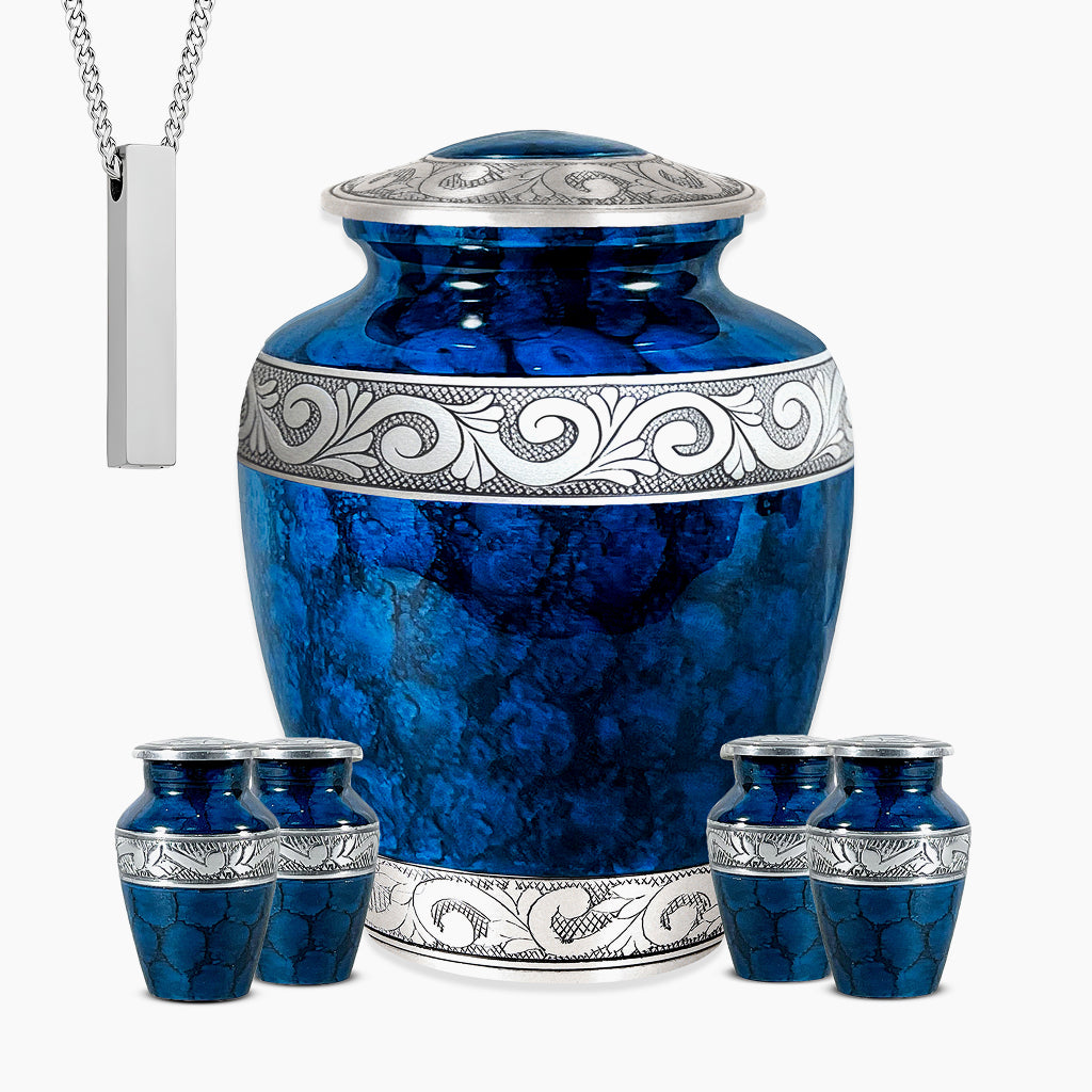 Blue Patch & Silver Engraved Urn