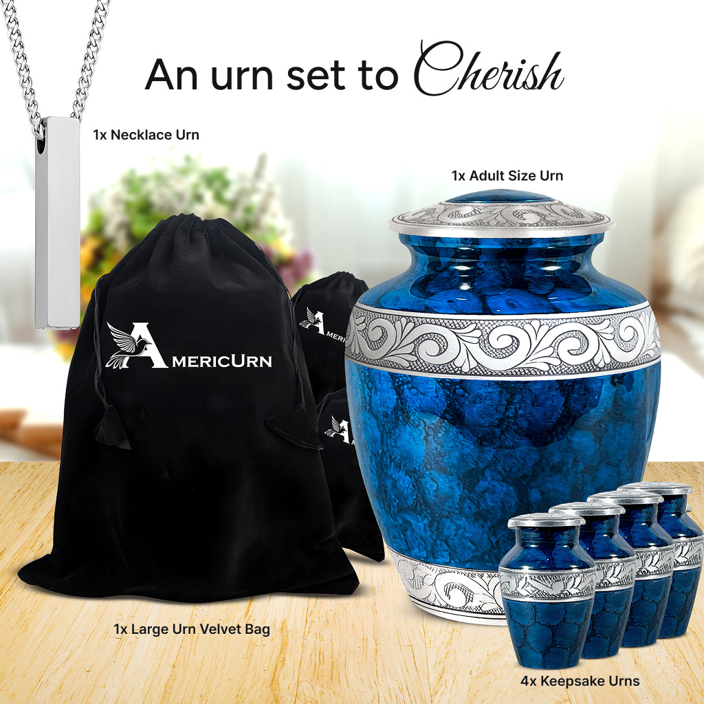 Blue Patch & Silver Engraved Urn