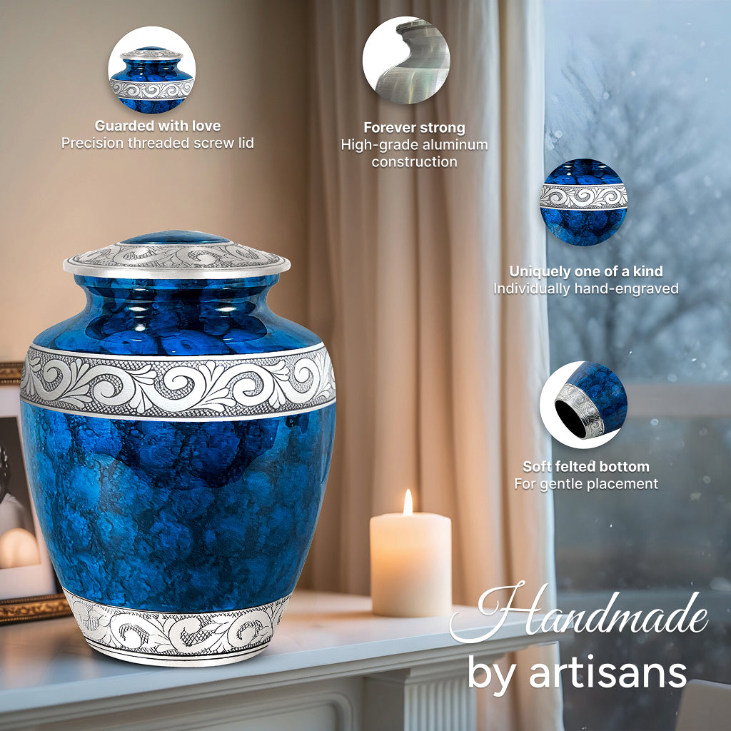 Blue Patch & Silver Engraved Urn