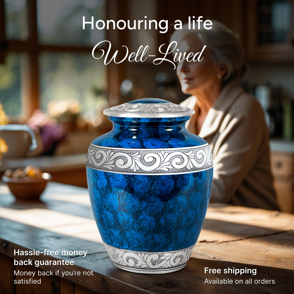 Blue Patch & Silver Engraved Urn