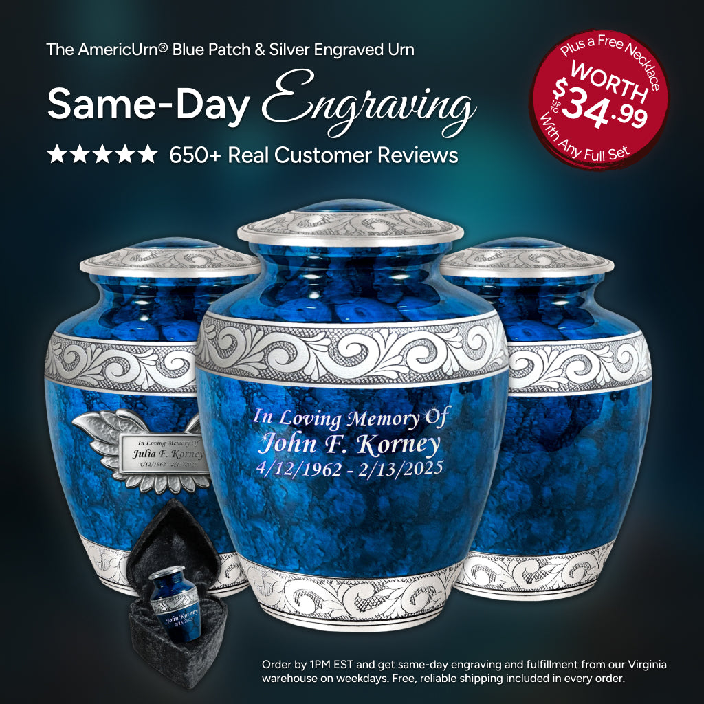 Blue Patch & Silver Engraved Urn