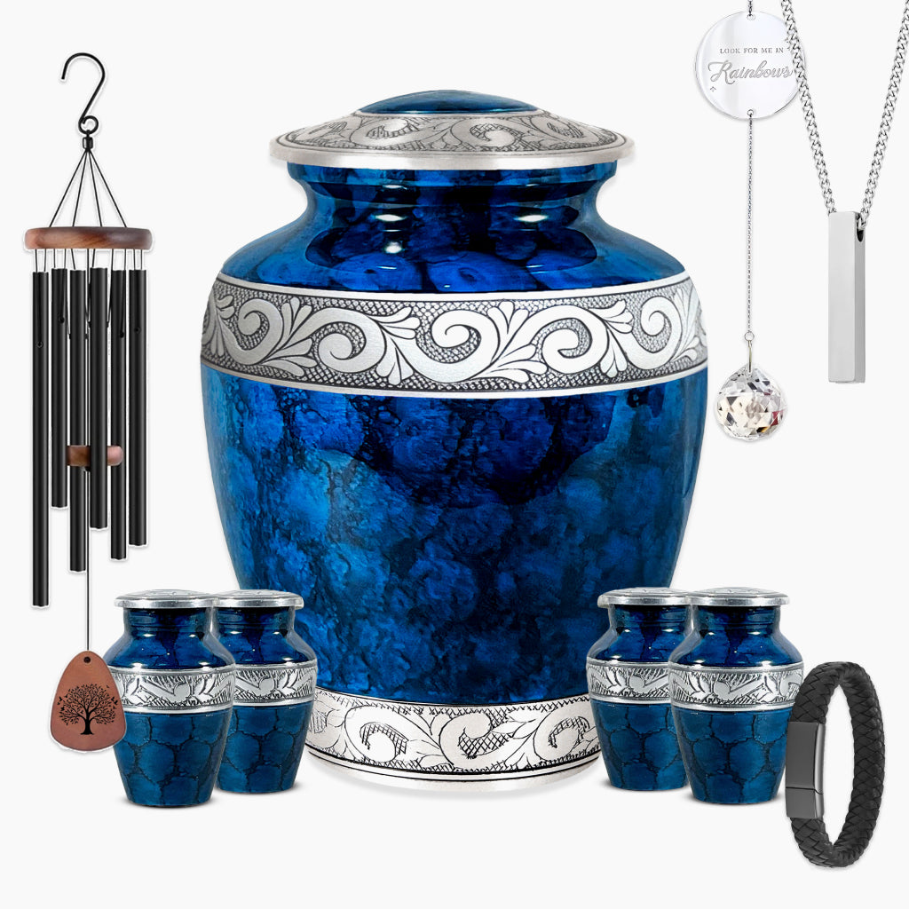 Blue Patch & Silver Engraved Urn