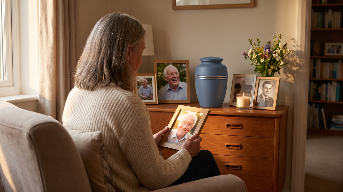 The brass urn at home, where the family gathers