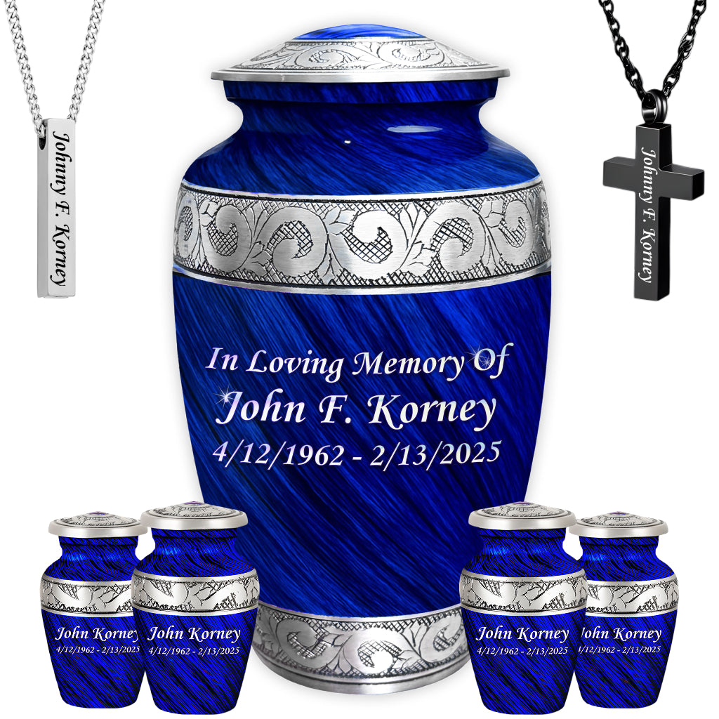 Eternal Blue & Silver Hand-Engraved Cremation Urn