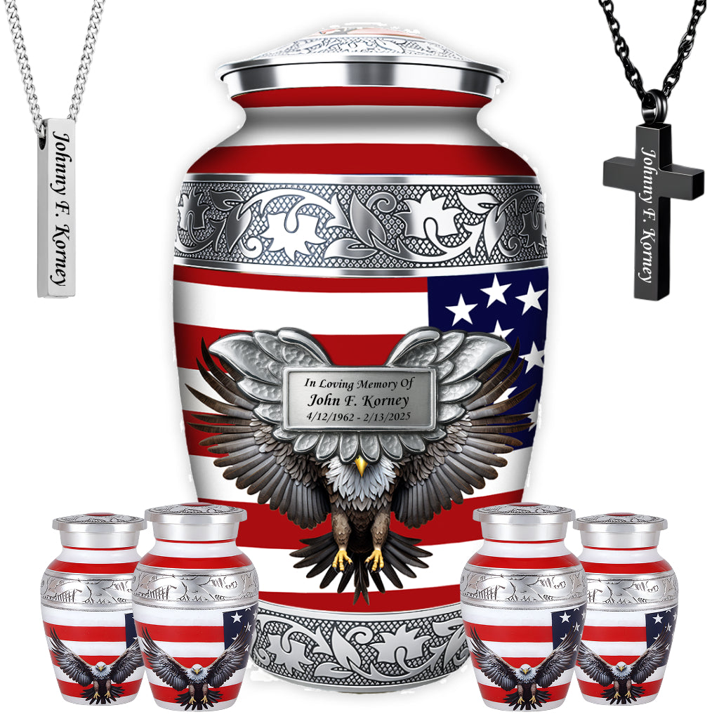 American Flag & Silver Engraved Cremation Urn