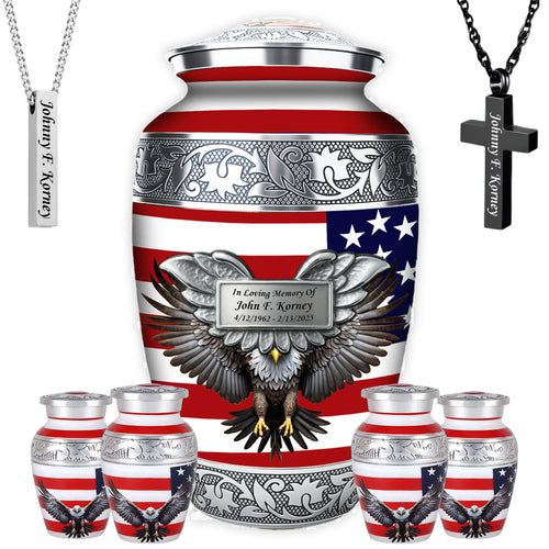 American Flag & Silver Engraved Cremation Urn