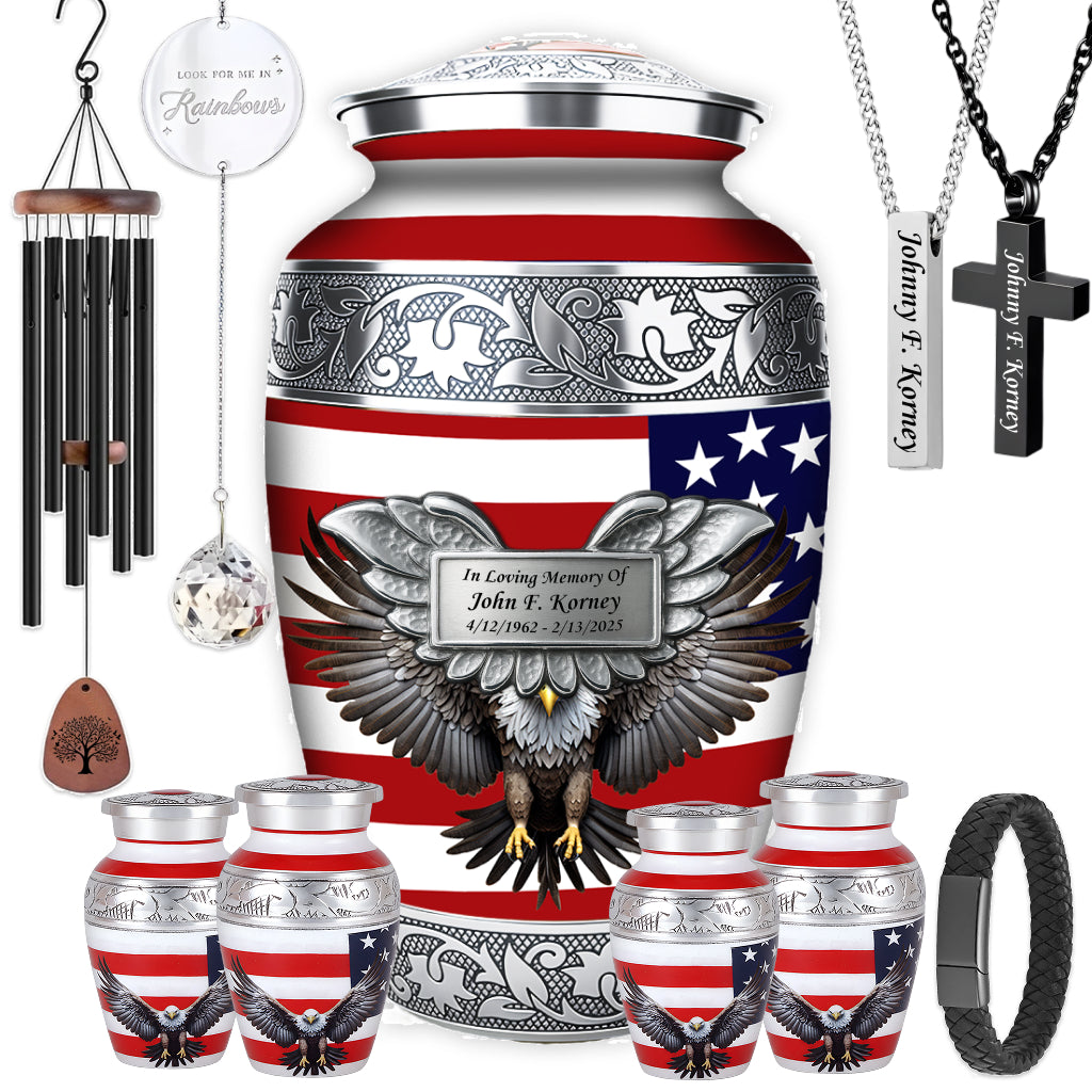 American Flag & Silver Engraved Cremation Urn