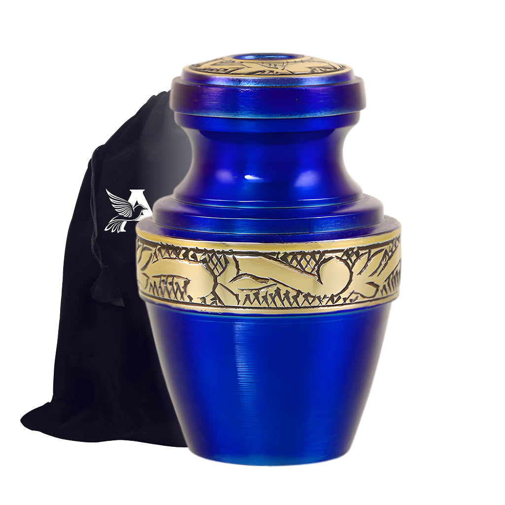 Blue & Gold Engraved Grecian Cremation Urn
