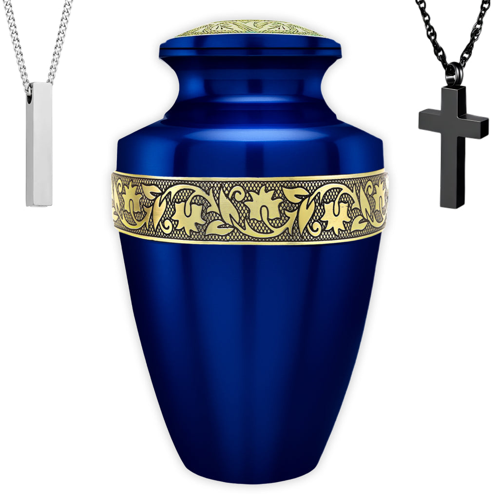 Blue & Gold Engraved Grecian Cremation Urn
