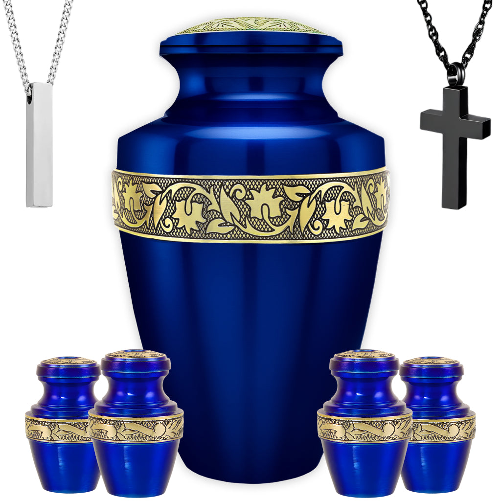 Blue & Gold Engraved Grecian Cremation Urn