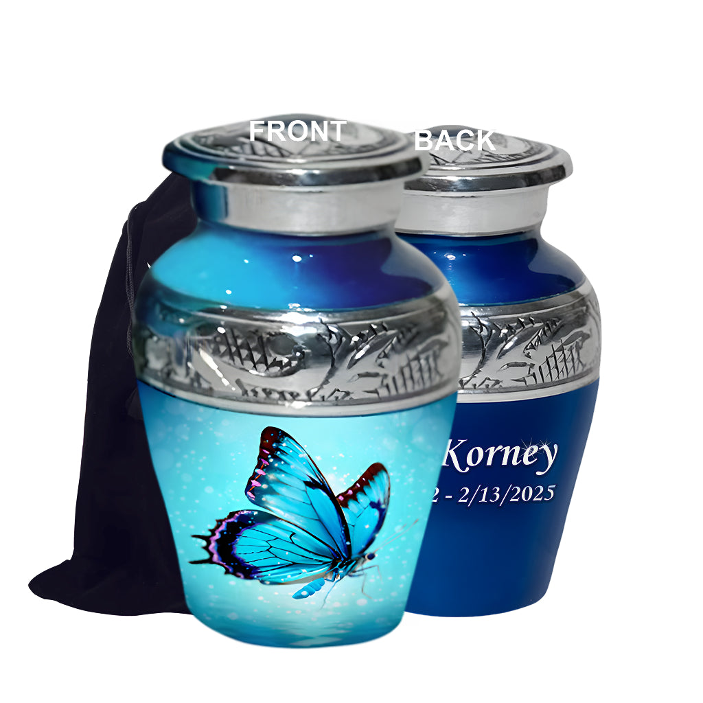 Blue Butterfly & Silver Engraved Cremation Urn