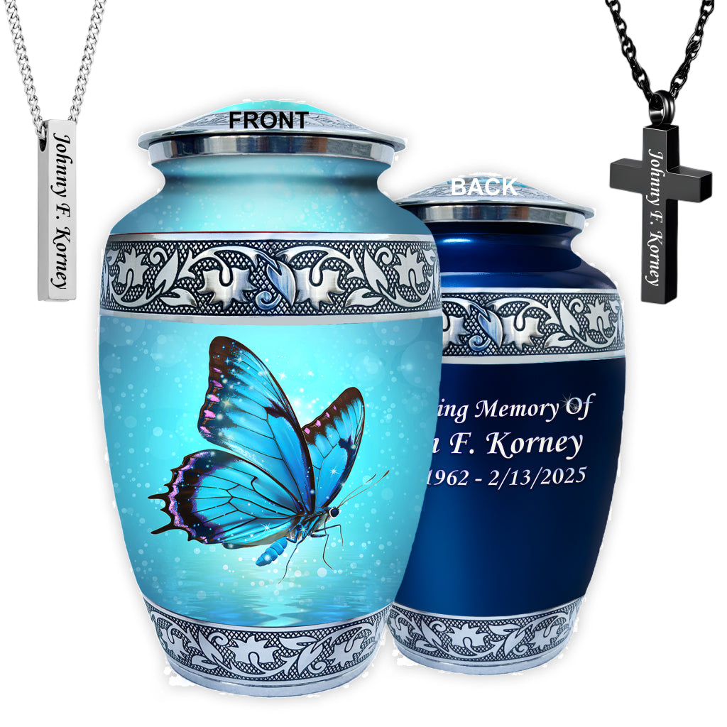 Blue Butterfly & Silver Engraved Cremation Urn
