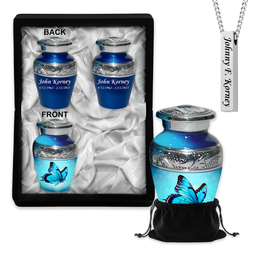 Blue Butterfly & Silver Engraved Cremation Urn