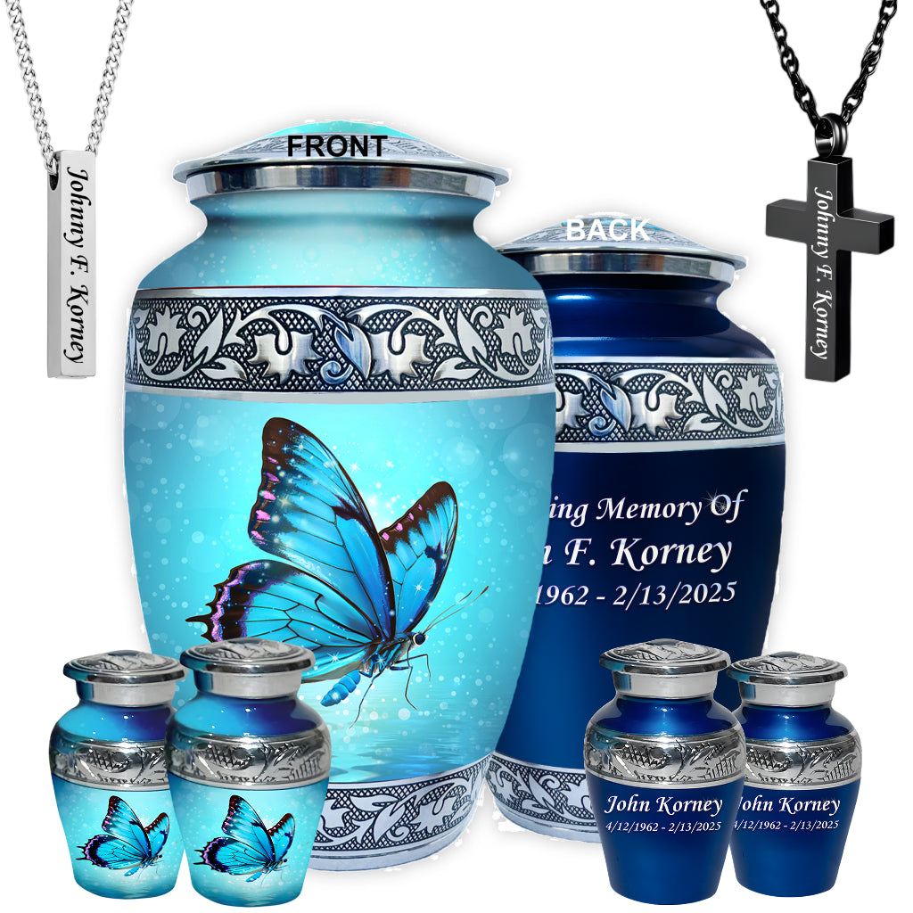 Blue Butterfly & Silver Engraved Cremation Urn