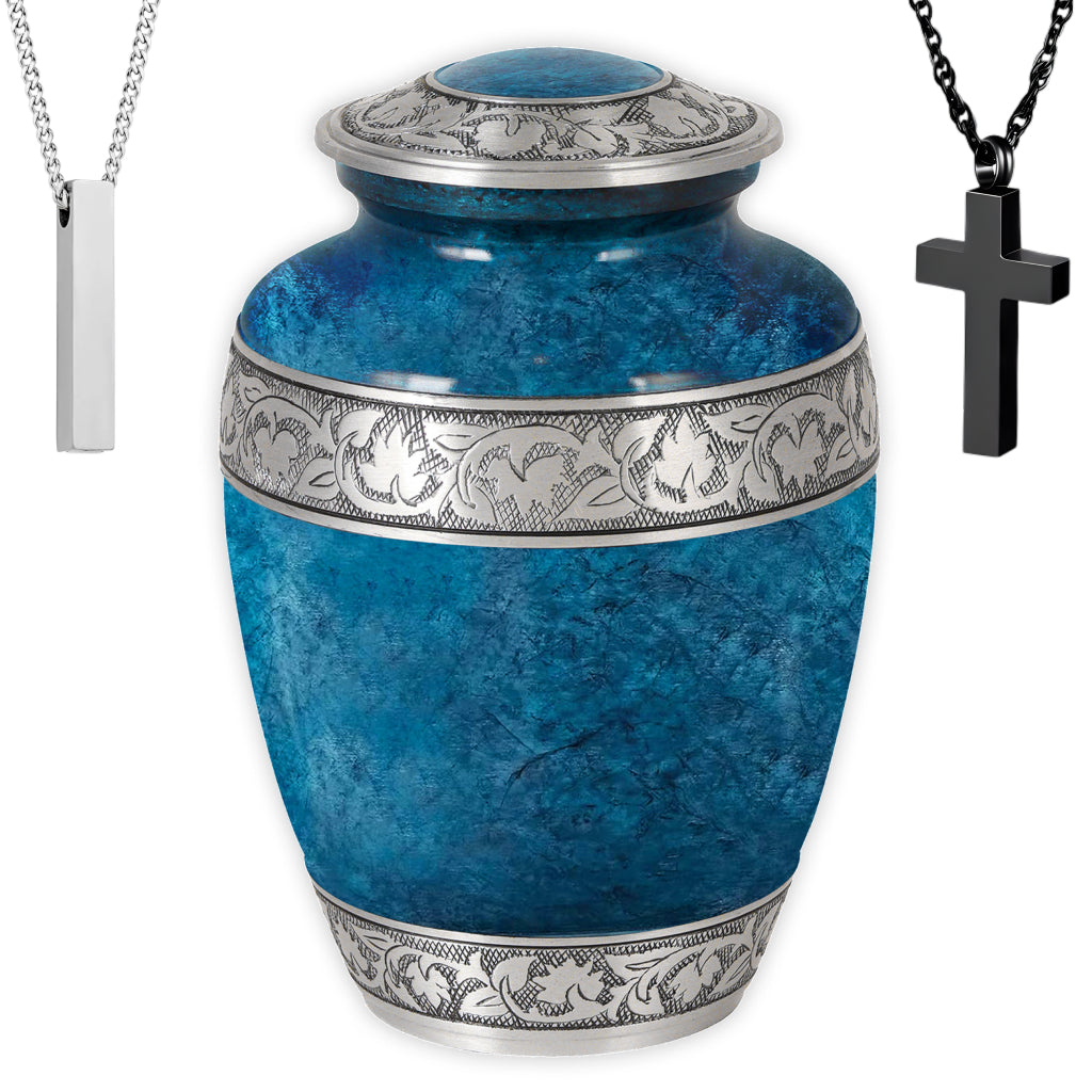 Blue Teal Marble & Silver Hand-Engraved Cremation Urn