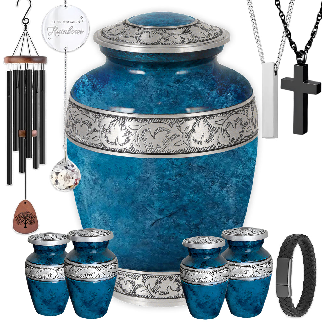 Blue Teal Marble & Silver Hand-Engraved Cremation Urn